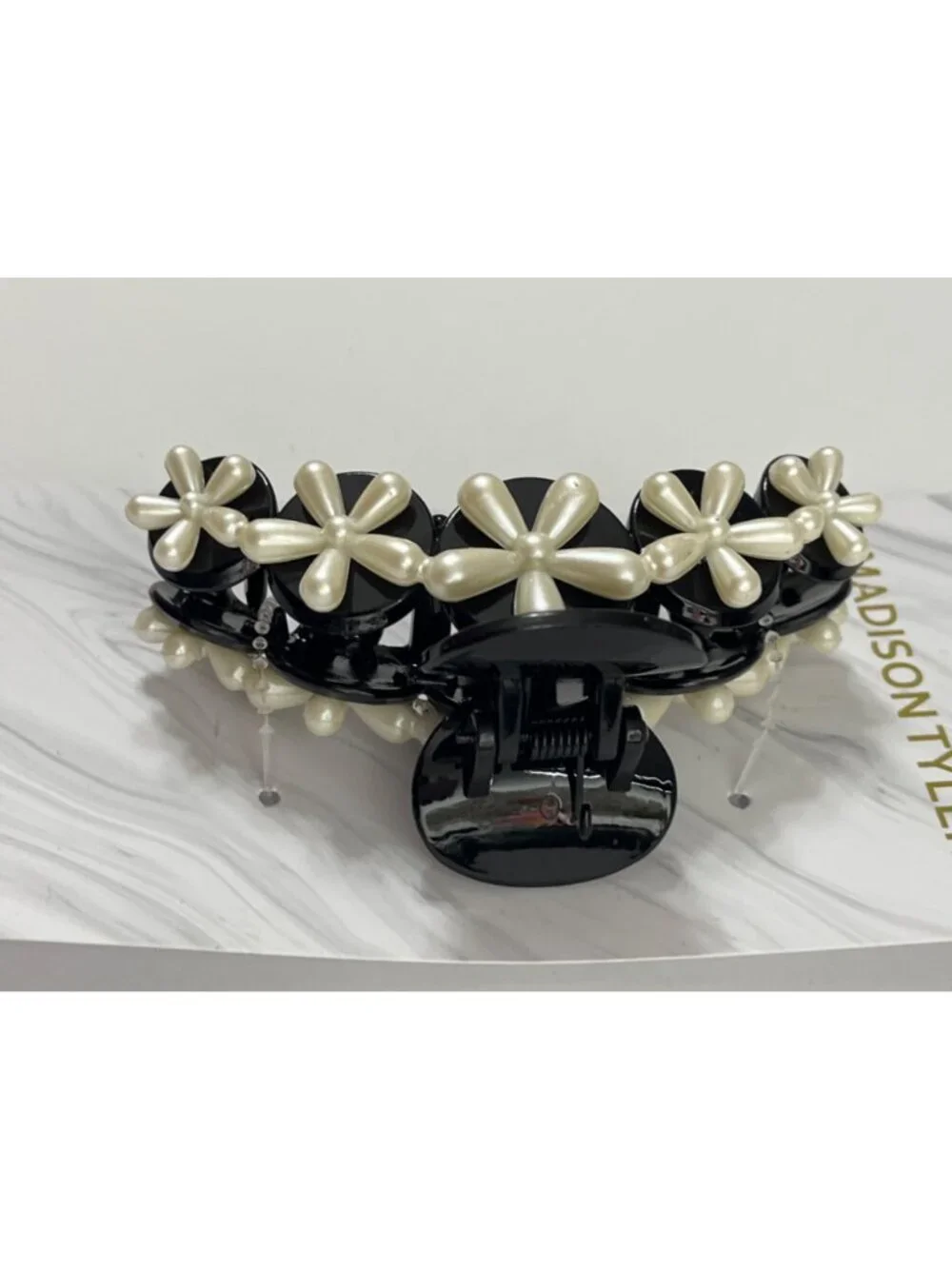 Madison Tyler Faux Pearl Flower Hair Claw Clip Black White Womens NWT
